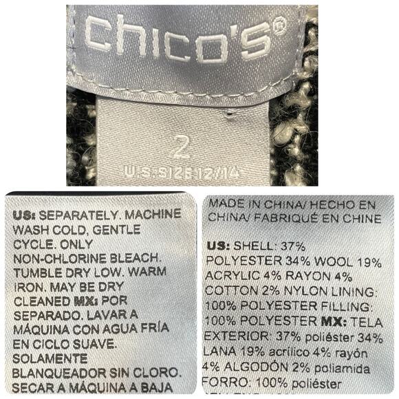 Chico's Black White Tweed Wool Blend Heavyweight Winter Outdoor Jacket Coat L - Picture 10 of 13